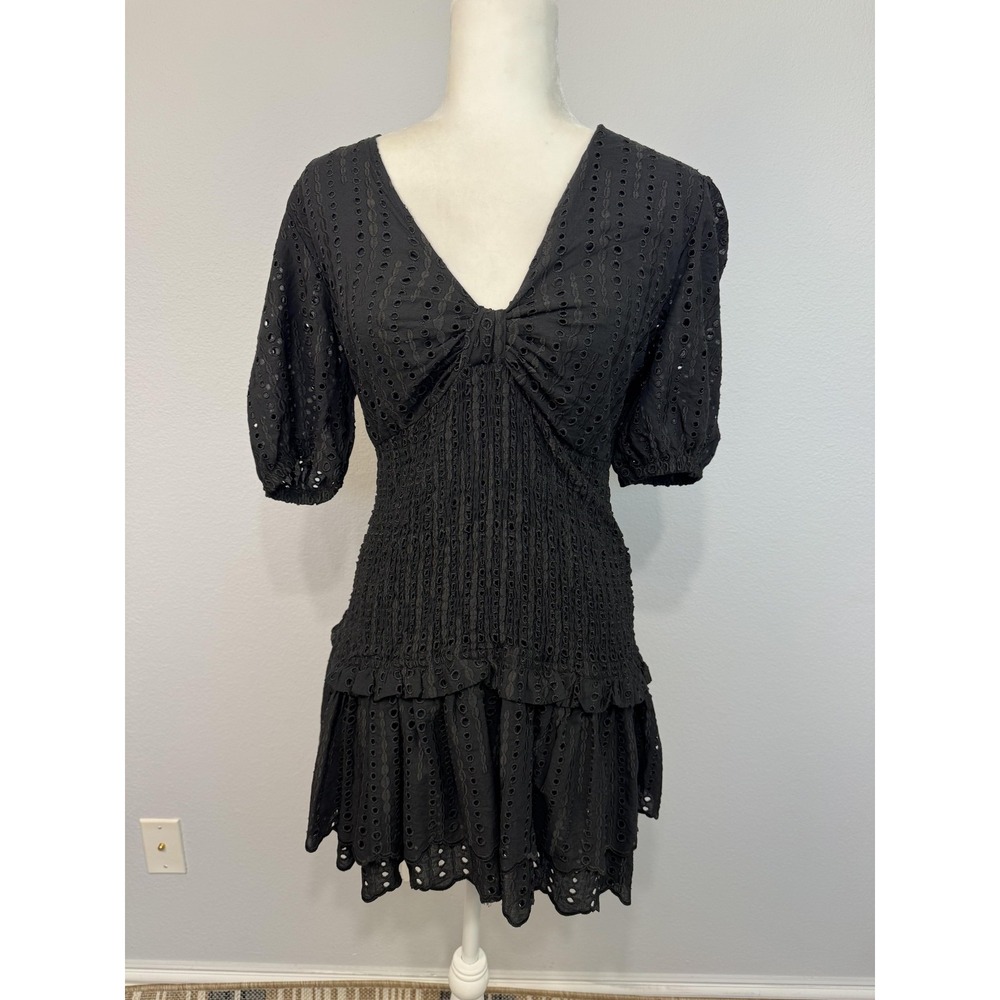 Btb Los Angeles Dress Women's Large Black Eyelet Puff Sleeve Mini Ruffle Hem